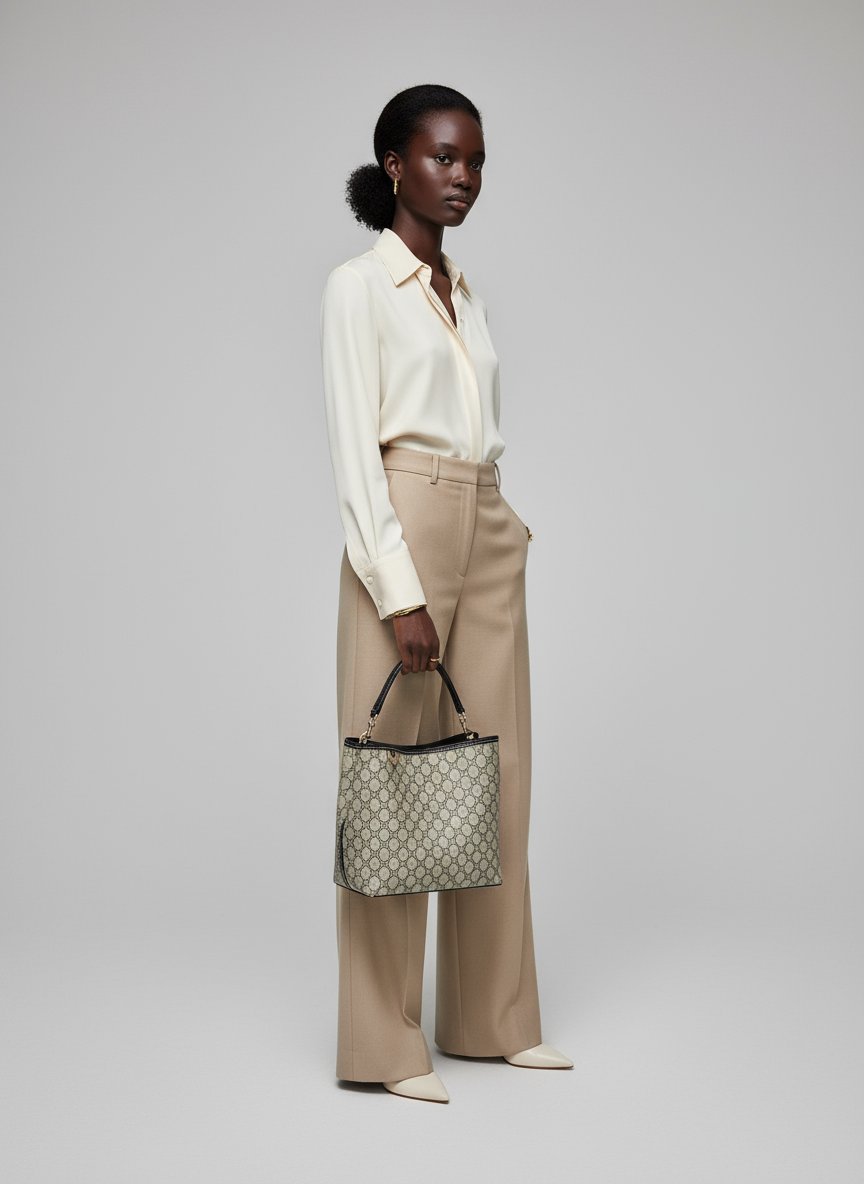 Gucci GG Emblem Medium Bucket Bag – Beige & Black